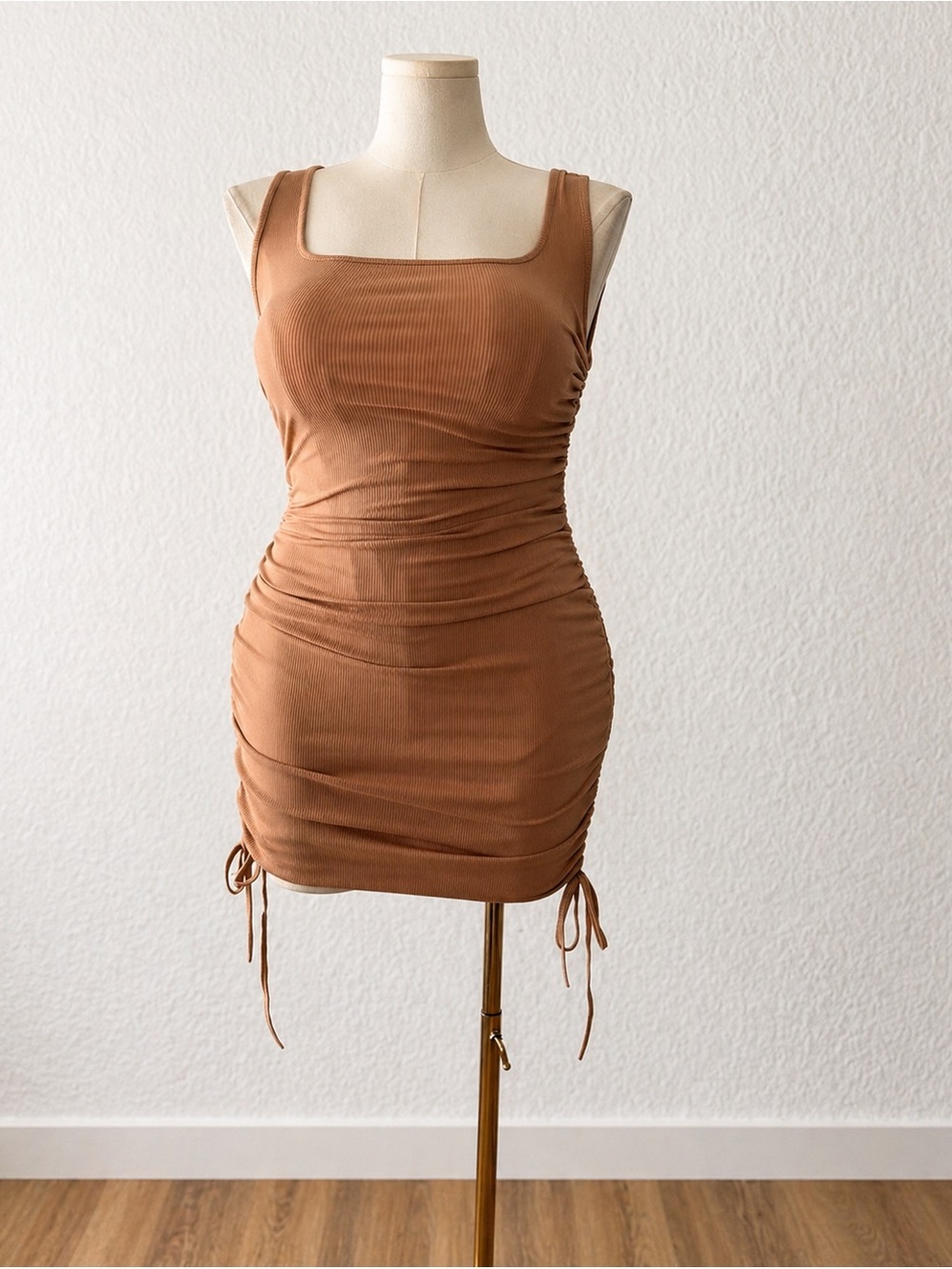 NWOT Tan Ruched Square-Neck Mini Dress